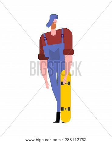 Hipster And Skateboard. Trendy Guy With Beard. Fashion-monger And Longboard
