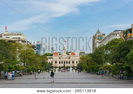 Ho Chi Minh City, Vietnam - August 24, 2017: Nguyen Hue Street With Ho Chi Minh City Hall Building V