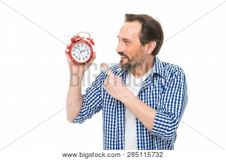 Control And Discipline. Man Casual Style Hold Alarm Clock. Time Management And Procrastination. Take