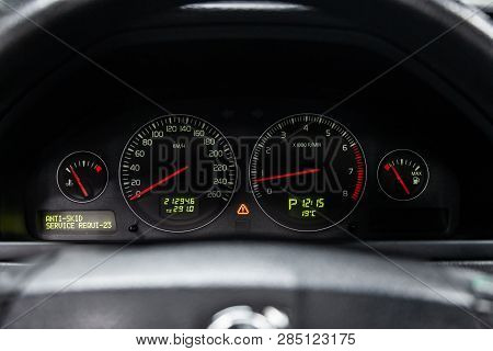 Novosibirsk, Russia - February 19, 2019:  Volvo Xc90,close-up Of The Dashboard, Speedometer And Tach