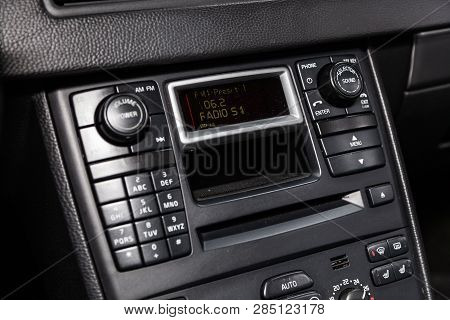 Novosibirsk, Russia - February 19, 2019:  Volvo Xc90,close-up Of The Dashboard, Radio Fm,am, Player.