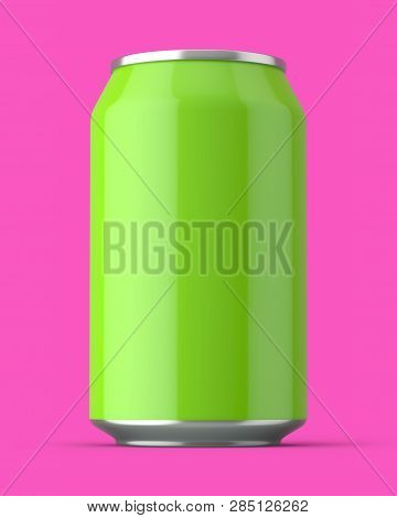 3d Rendered Glossy Green Aluminium Can On A Pink Background.