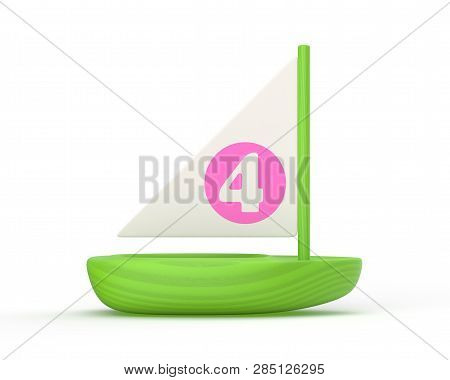 3d Rendered Green Wooden Toy Sailing Boat On A White Background.