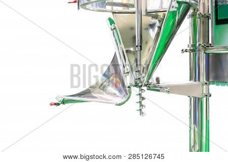 Close Up Stainless Steel Hoppers And Screw Feeder For Discharge And Volume Control Of Food Or Other 