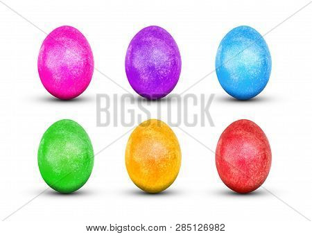Easter Eggs Isolated On White Background. Red, Green, Purple, Yellow, Blue, Pink, Eggs. Shiny Gold-p