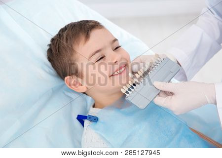 Dentist Selecting Cute Boy's Teeth Color With Palette In Clinic