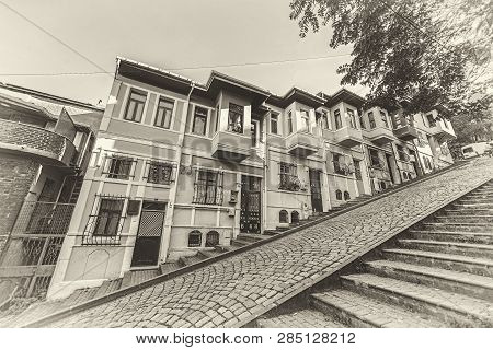 Istanbul, Turkey: Popular Street With Cascade Houses And Landmark Of Balat District On October 27, 2