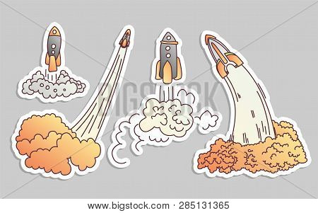 Launching Rockets Vector Cartoon Illustration. Rocket Launch Vector Illustration Icon Set. Space Shu