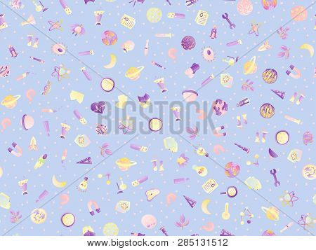 Cute Cartoon Back To School And College Fun Seamless Pattern With Colored School Supplies. Science T