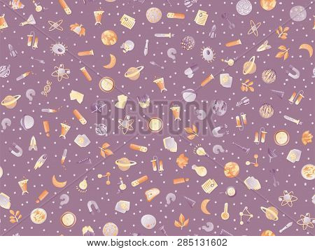 Cute Cartoon Back To School And College Fun Seamless Pattern With Colored School Supplies. Science T