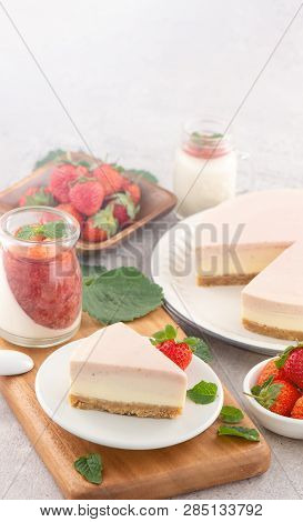 Delicious And Nutritious Handmade Strawberry No Bake Frozen Gradient Colour Fromage Frais Cheesecake