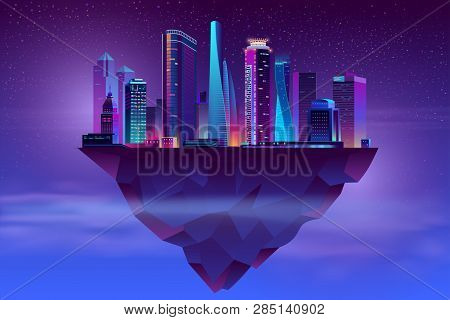 Vector Modern Megapolis On Soaring Island. Bright Glowing Buildings At Night In Cartoon Style. Urban