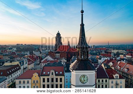 Aerial Drone View On Town Hall On Gliwice Market Square.