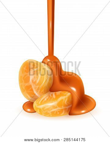 Tangerine Slices In Pouring Melted Caramel Glaze. Mandarin Peeled Segments Covered With Liquid Leaki