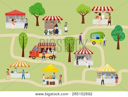 Outdoor Street Food Festival With People Walking Between Vans Or Caterers, Canopy, Buying Meals, Eat