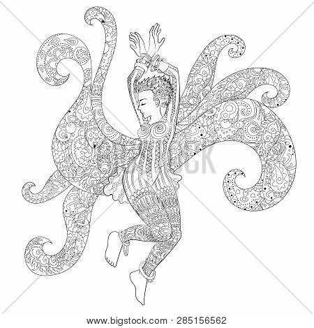 Beautifull Dancing Girl In A Patterned Dress. High Detailed Coloring Page For Grown Ups. Vector Illu