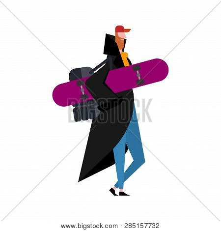 Hipster And Skateboard. Trendy Guy With Beard. Fashion-monger And Longboard