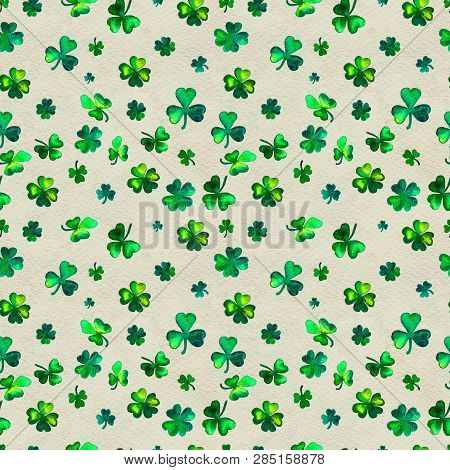 Seamless Hand Drawn Background With Leaves Of Colver St. Patricks Day Symbols