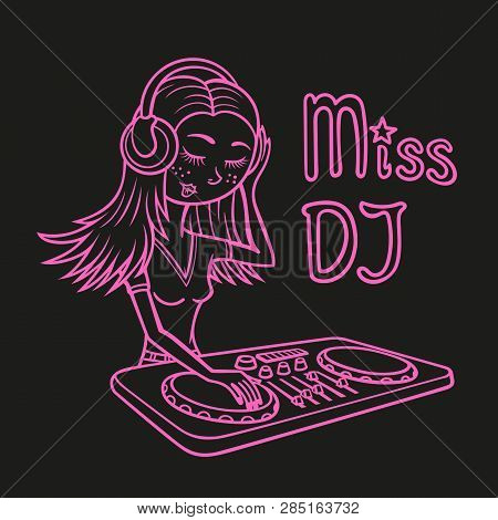 Miss Dj, Outline On A Black Background.
