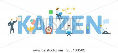 Kaizen. Concept With People, Letters And Icons. Flat Vector Illustration. Isolated On White Backgrou