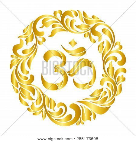 Om Symbol Yoga Or Pranava Of Floral Wreaths - Frame Isolated On White Background.