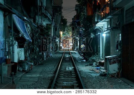 Hanoi, Vietnam - December 14, 2018: Hanoi Train Street In City Center At Old Town At Night