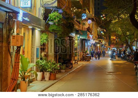 Hanoi, Vietnam - December 14, 2018: Hanoi City Center Street At Old Town Quarter At Night