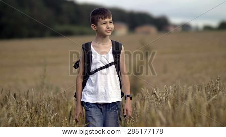Happy Boy Traveler With A Backpack Walks On A Wheat Field In The Village