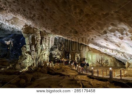Cave Deep Dark Inside. Underground Of Stone Rock Mountain. Ha Long Vietnam Nature Background
