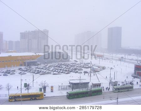 Urban Scene Road Street After Snowfall, Cold Dawn Over Frozen City Minsk, Belarus