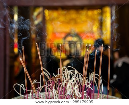 Temple Of Literature In Hanoi City, Vietnam. Incense At Van Mieu