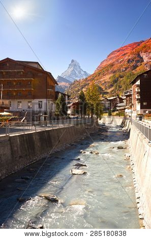 Autumn Resort Slopes And Bright Beautiful Landscape With The Famous Matterhorn Peak In Autumn In Swi