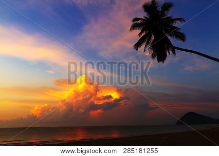 Sunrise Morning Beautiful On Beach At Thung Wua Lan Beach, Chumphon Province Thailand