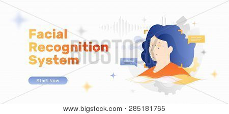 Light Skin Woman With Scanned Face. Vector Facial Identification Banner Template.