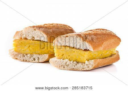 Bocadillo De Tortilla Española. Spanish Potato Omelette Sandwich Isolated On White Background