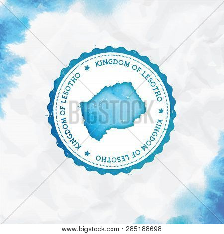 Lesotho Watercolor Round Rubber Stamp With Country Map. Turquoise Passport Stamp With Circular Text