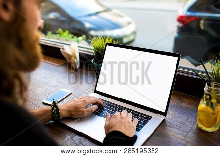 Closely Man Professional Publication Specialist Working On Portable Laptop Computer With White Empty