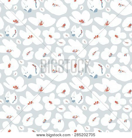 Vector Seamless Pattern, Blooming Abstract White Flowers On Light Gray Background. Use In Textiles, 