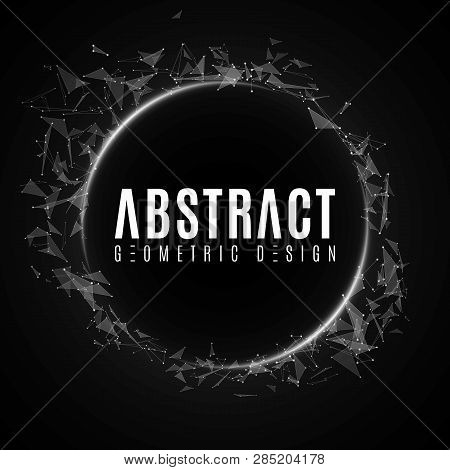 Geometric Design. Banner Of Flying Triangles And Dots On A Dark Background. White Glowing Connected 