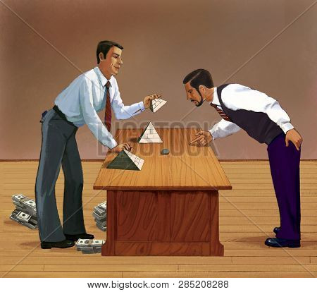 Man Invites To Another Man To Guess Under Which Pyramid Of Dollars Is A Coin. Fraudulent Investment