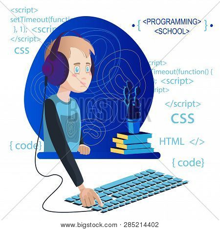 Teenager Programming Code With Mobil. Vektor Eps 10