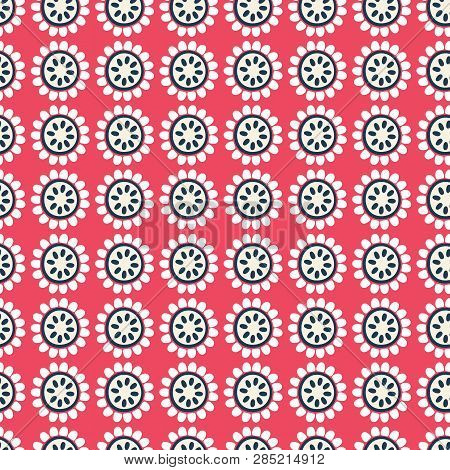 Vector Red And Black Floral Geometric Seamless Repeat Pattern Background.