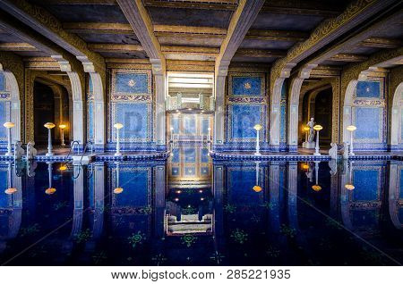 San Simeon, California - August 7, 2018: Interior View Of The Famous Luxury Roman Pool Inside The He
