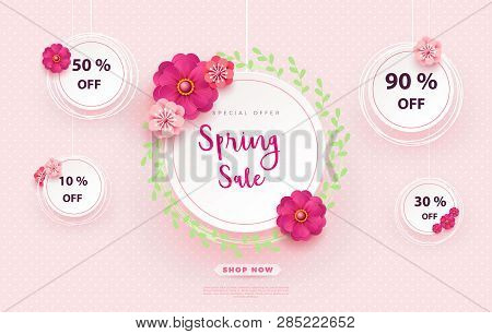 Spring Sale S Banner Template With Paper Flower On Colorful Backgruond Illustration.