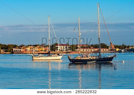 St. Augustine, Florida. January 26 , 2019. Sailboats On Blue Sea And Sunset Background. 1