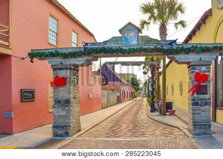 St. Augustine, Florida. January 26 , 2019.  Vintage Arc In Colorful Old Town.