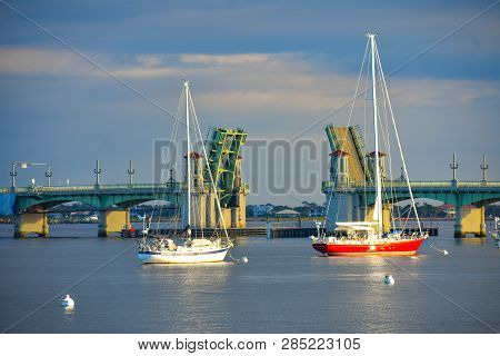 St. Augustine, Florida. January 26 , 2019 .sailboats And Bridge Of Lions On Cloudy Sky Background.