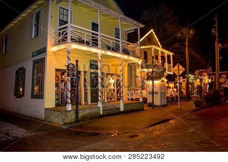 St. Augustine, Florida. January 26, 2019 . Illuminated Colorful House At Old Town In Florida Histori