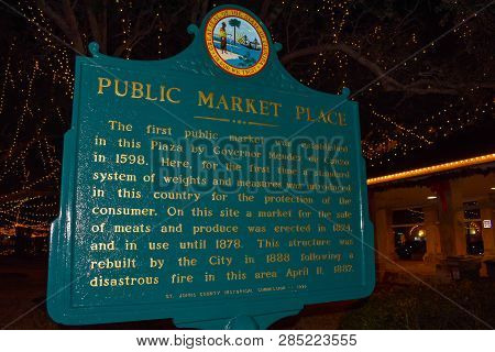 St. Augustine, Florida. January 26 , 2019.public Market Place Sign On Dark Night Background.