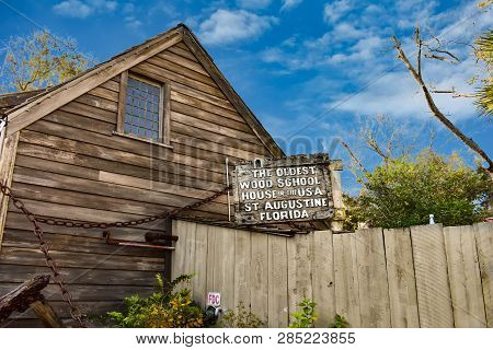 St. Augustine, Florida. January 26 , 2019. The Oldest Wood School In Usa At Old Town On Lightblue Ba